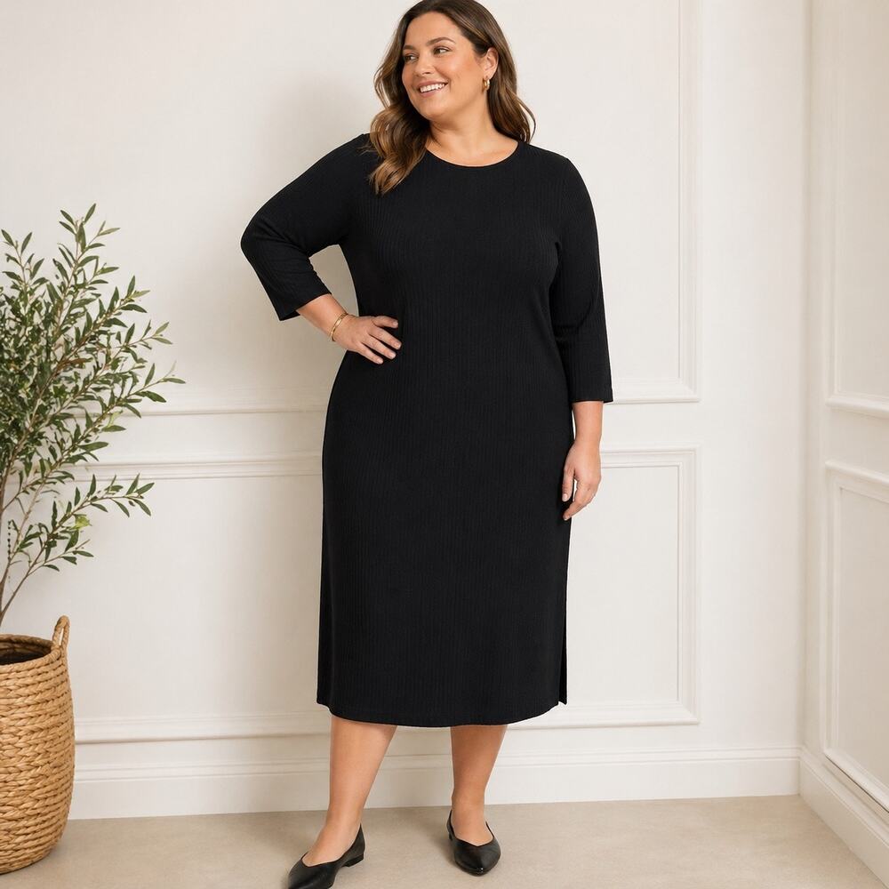 Talbots Black Label Black Ribbed Knit Midi Dress 3/4 Sleeve Sz 22W